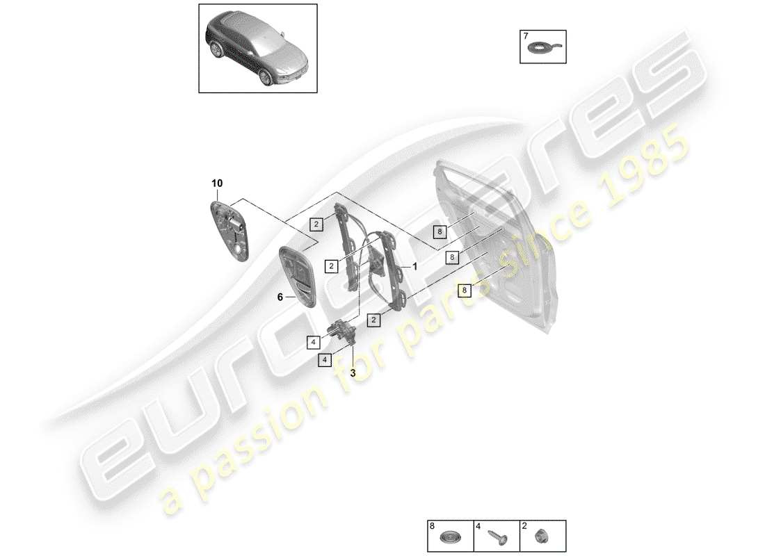 porsche 2020 (cayenne e3 9ya/9yb) schema delle parti del regolatore della finestra