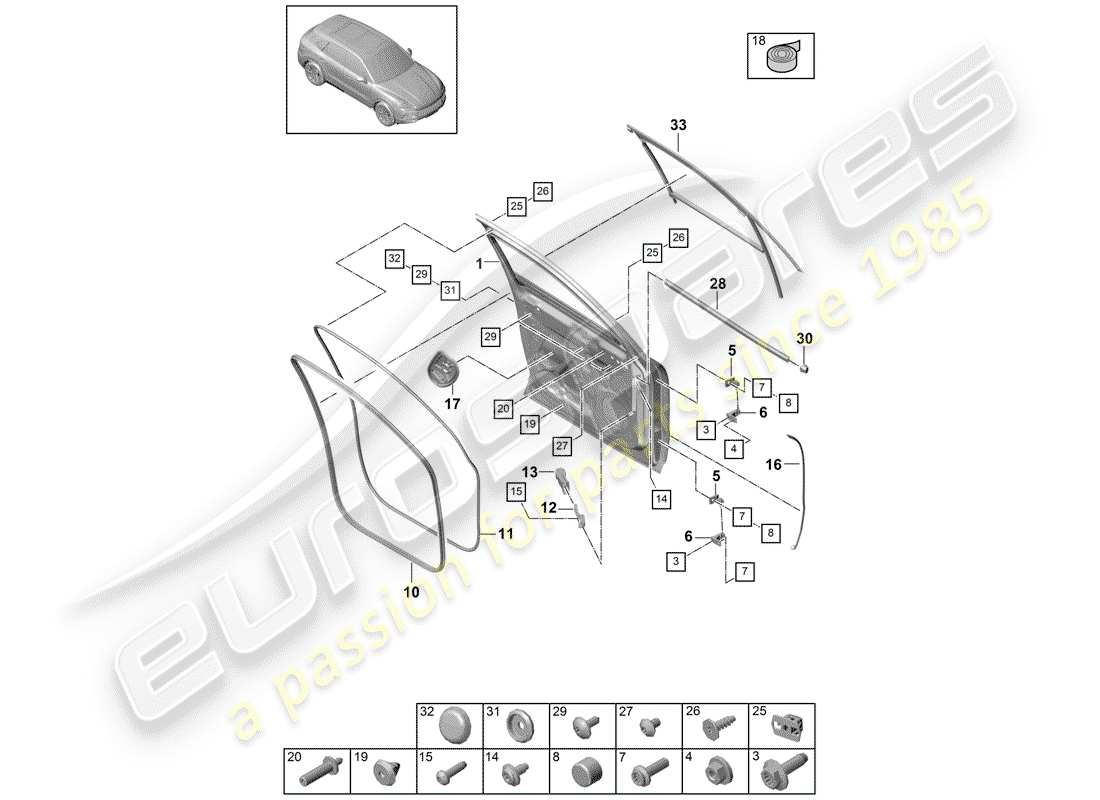 porsche 2020 (cayenne e3 9ya/9yb) schema delle parti guscio della portiera