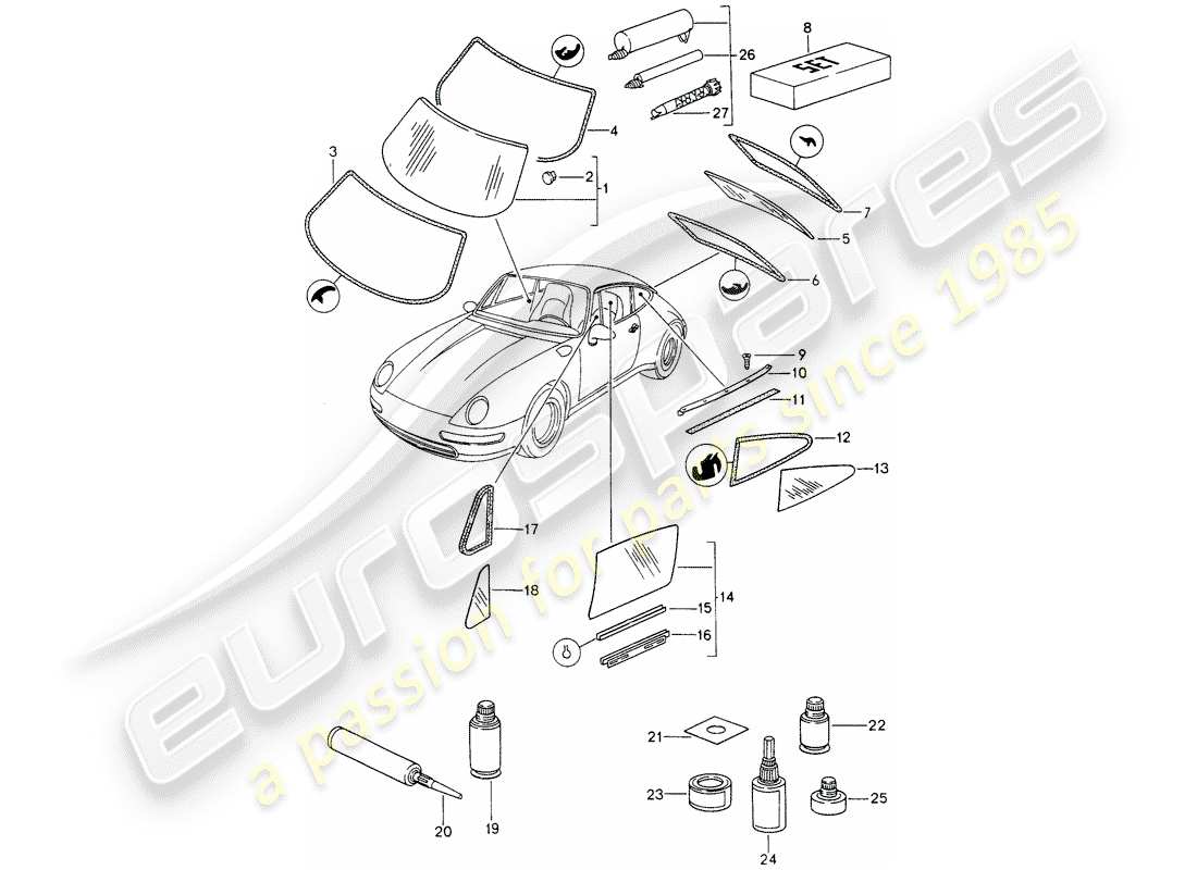 porsche 1994 (993) vetri della finestra diagramma delle parti
