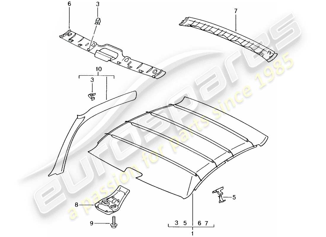 porsche 2001 (996 gt3) pannello di rivestimento del tetto schema delle parti