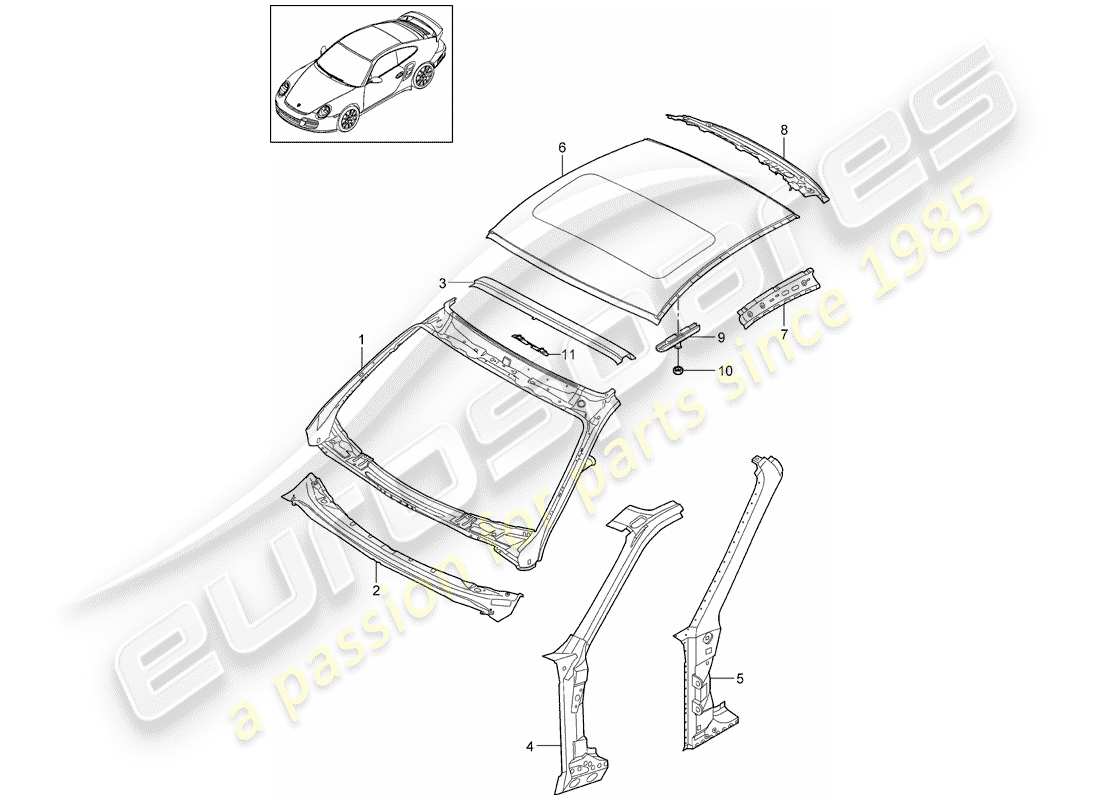 porsche 2012 (997-2 turbo / gt2 rs) cappuccio diagramma delle parti