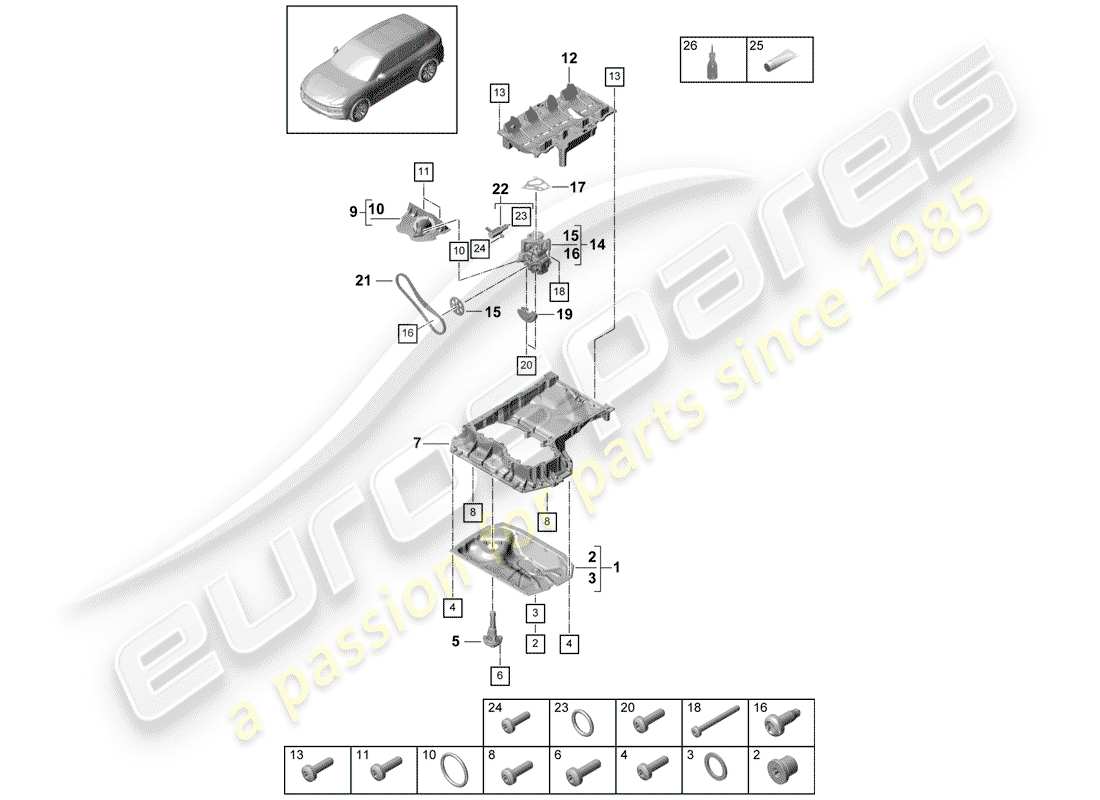 porsche 2020 (cayenne e3 9ya/9yb) schema delle parti dell'alloggiamento per conduzione dell'olio