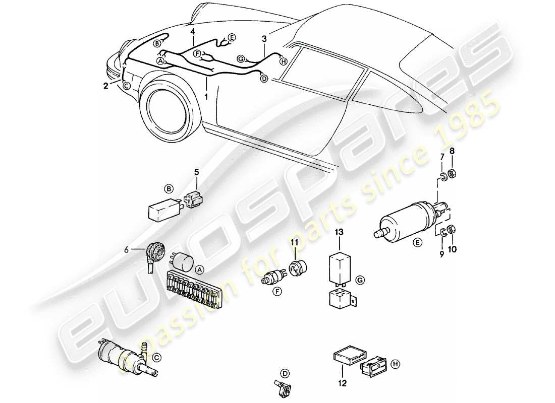 porsche 1983 (911) cablaggi elettrici - sistema rondella - spia - pompa carburante schema parziale