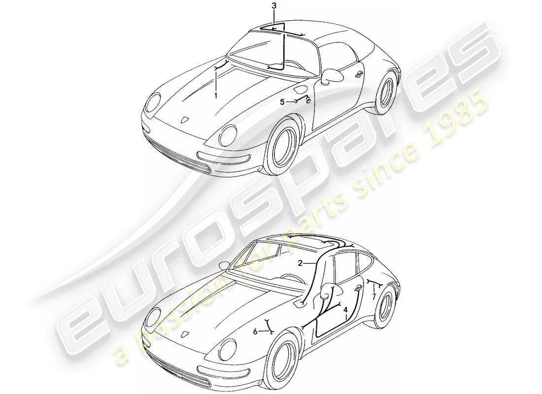 porsche 1994 (993) cablaggi - lampada bagagliaio - tetto apribile - comandi capote convertibile - portiera conducente - portiera passeggero - ripetitore indicatori di direzione - impianto freno antibloccaggio -abs- schema delle parti
