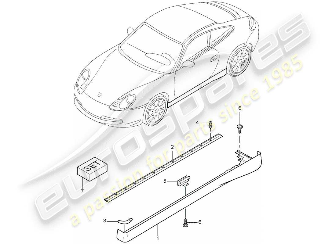 porsche 2005 (996) rivestimento lato lato diagramma delle parti