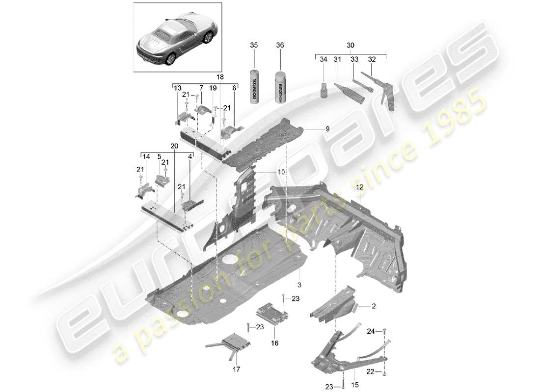 porsche 718 boxster (2019) piastre di pavimento schema delle parti