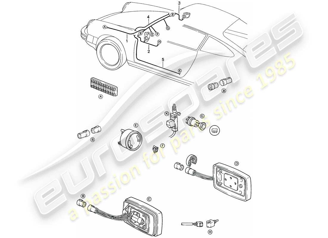 porsche 1985 (911) cablaggi - specchio retrovisore - regolabile elettricamente - sistema di chiusura centralizzata schema parte