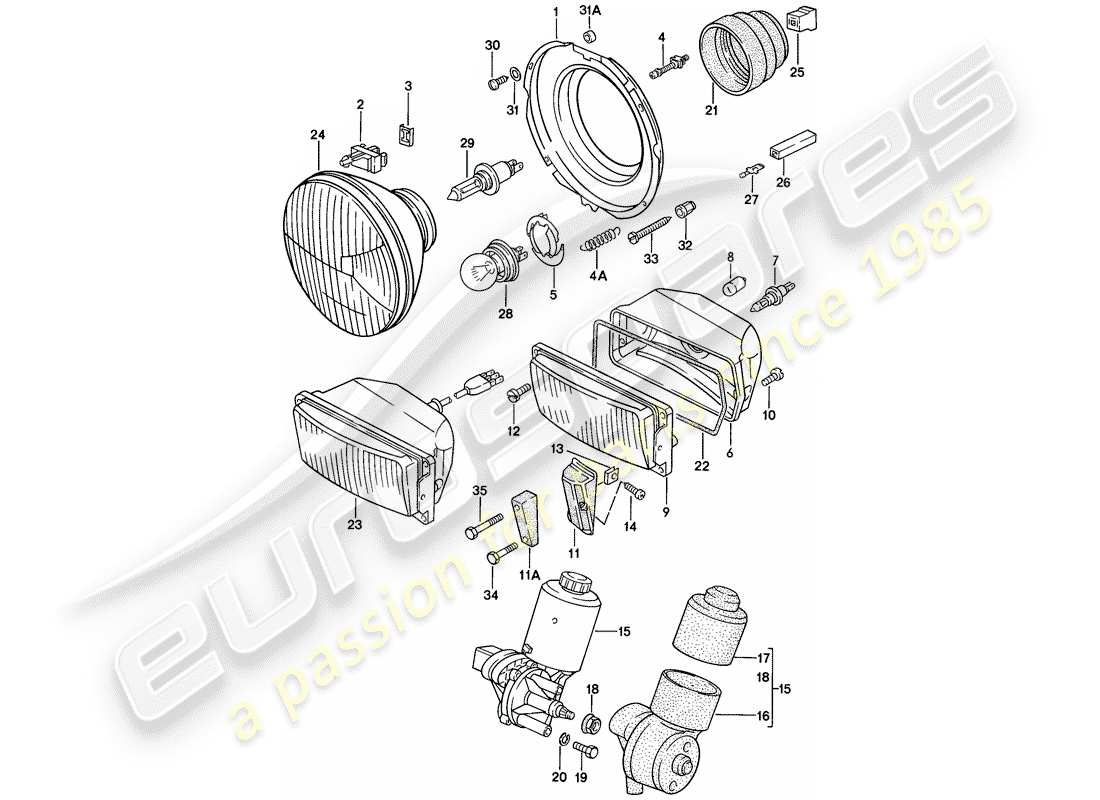 porsche 1979 (924) lampada anteriore - motore elettrico - faro pop-up schema delle parti