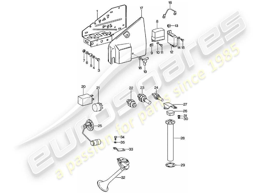porsche 1983 (911) piastra - rele' - sensore - tromba fanfaria schema delle parti