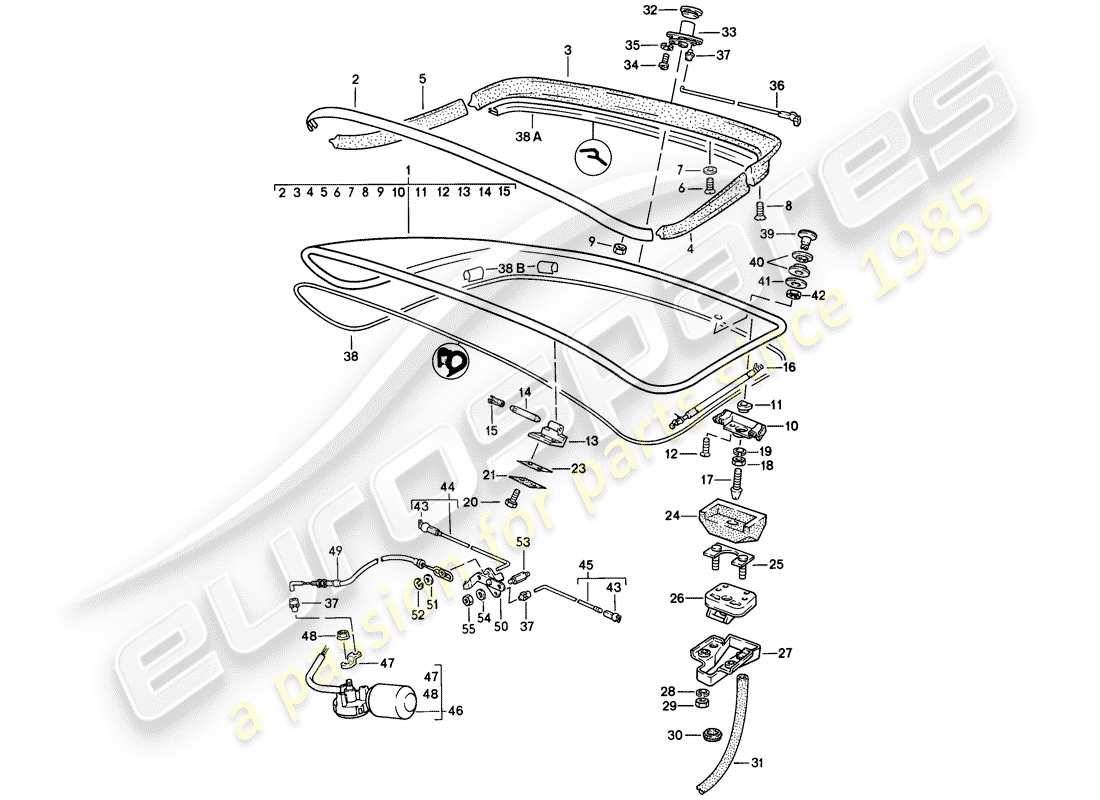 porsche 1983 (944) coperchio baule posteriore - con: - vetro del lunotto posteriore - spoiler posteriore schema delle parti