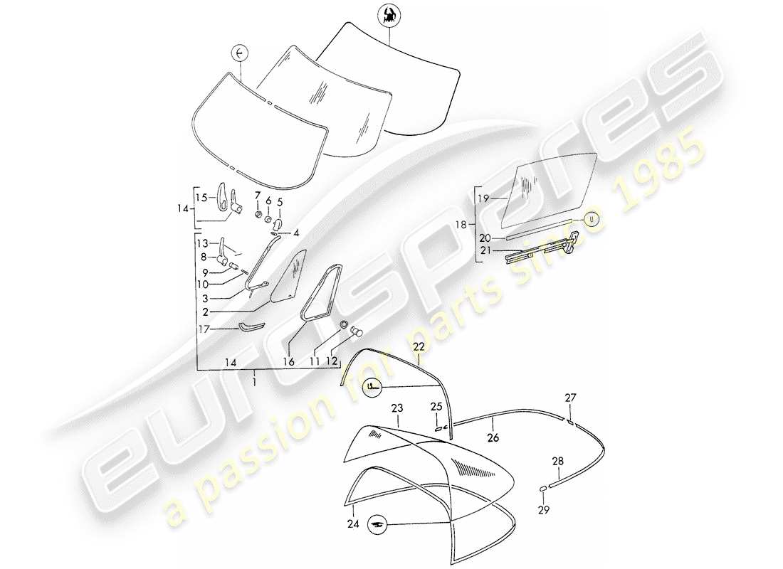 porsche 1972 (911) vetri della finestra diagramma delle parti