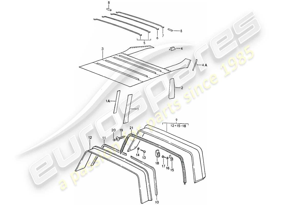 porsche 1992 (964) allestimento interno - tetto - roll bar diagramma delle parti
