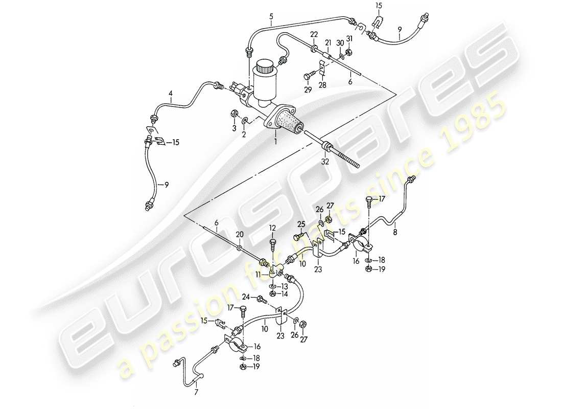 porsche 1954 (356/356a) cilindro maestro del freno - e - linee del freno schema delle parti