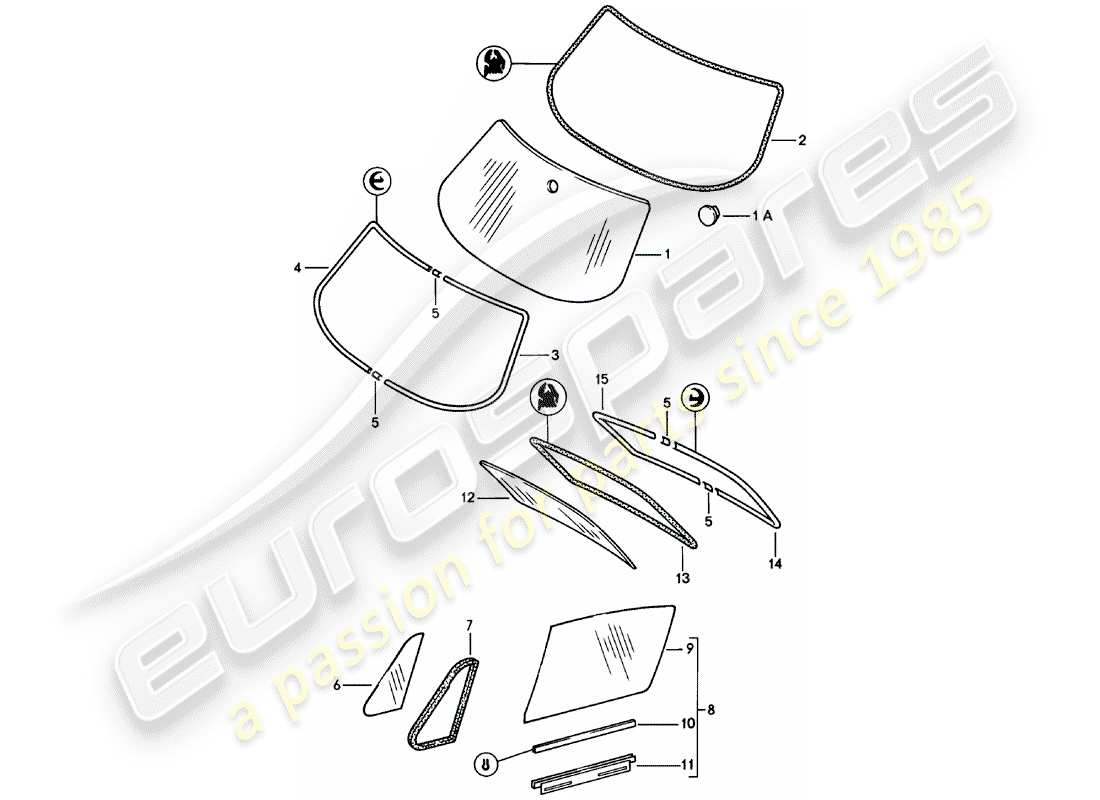 porsche 1981 (911) vetri della finestra diagramma delle parti