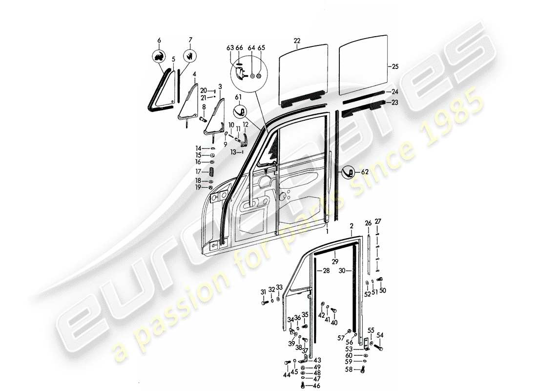 porsche 1963 (356b/356c) cornice della finestra - finestrino laterale - finestrino della portiera schema delle parti