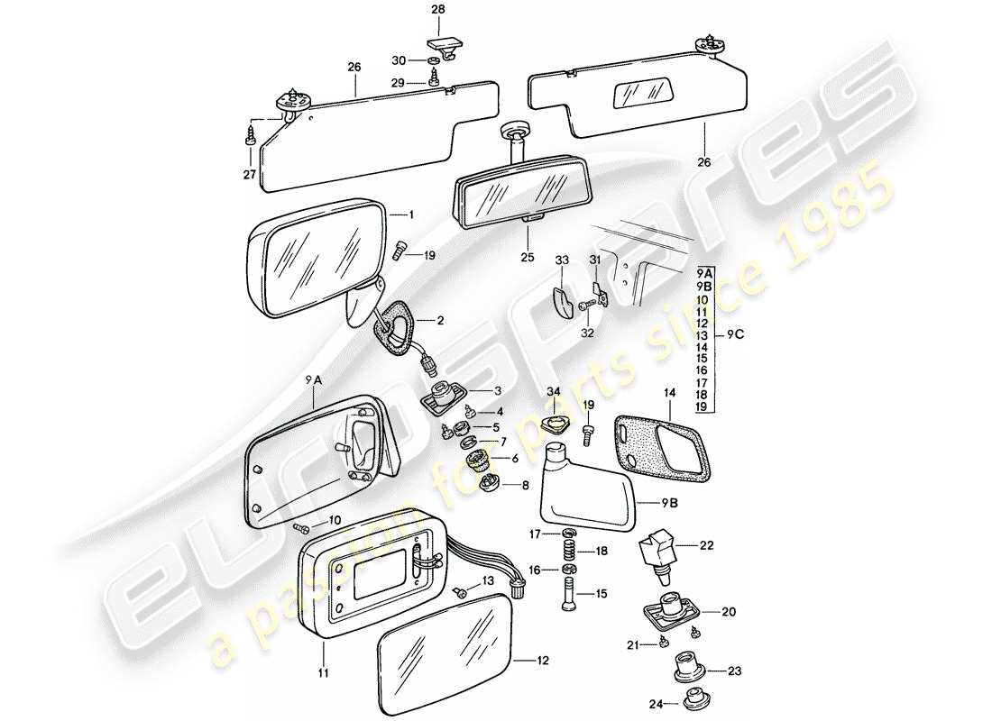 porsche 1987 (924s) specchio retrovisore - visiera parasole schema delle parti