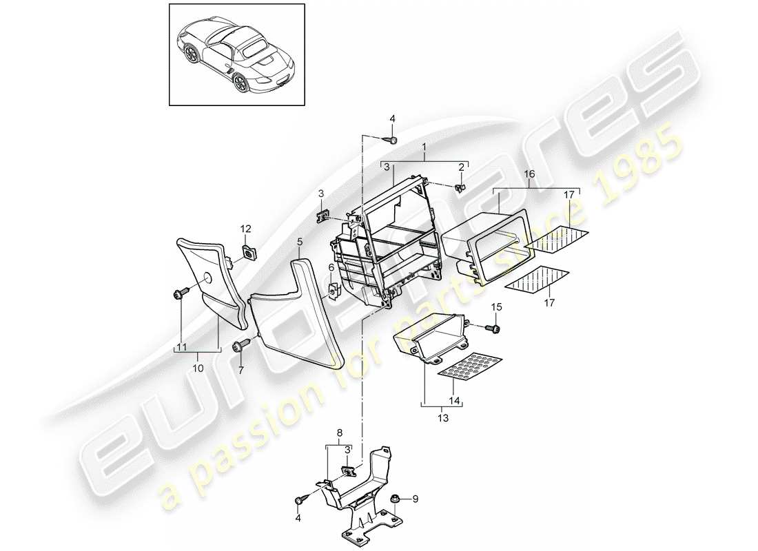 porsche 2009 (987 boxster) console centrale diagramma delle parti