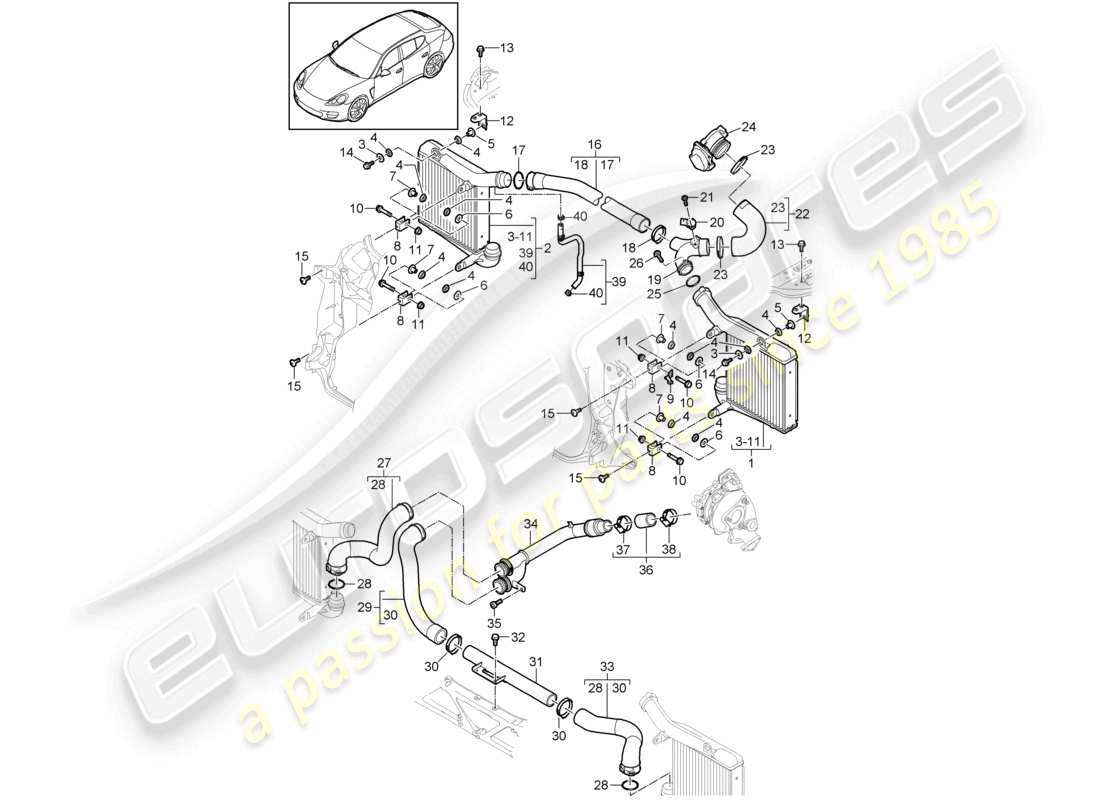 porsche 2010 (cayenne e1 9pa) tubo di pressione del refrigeratore dell'aria di sovralimentazione diagramma delle parti