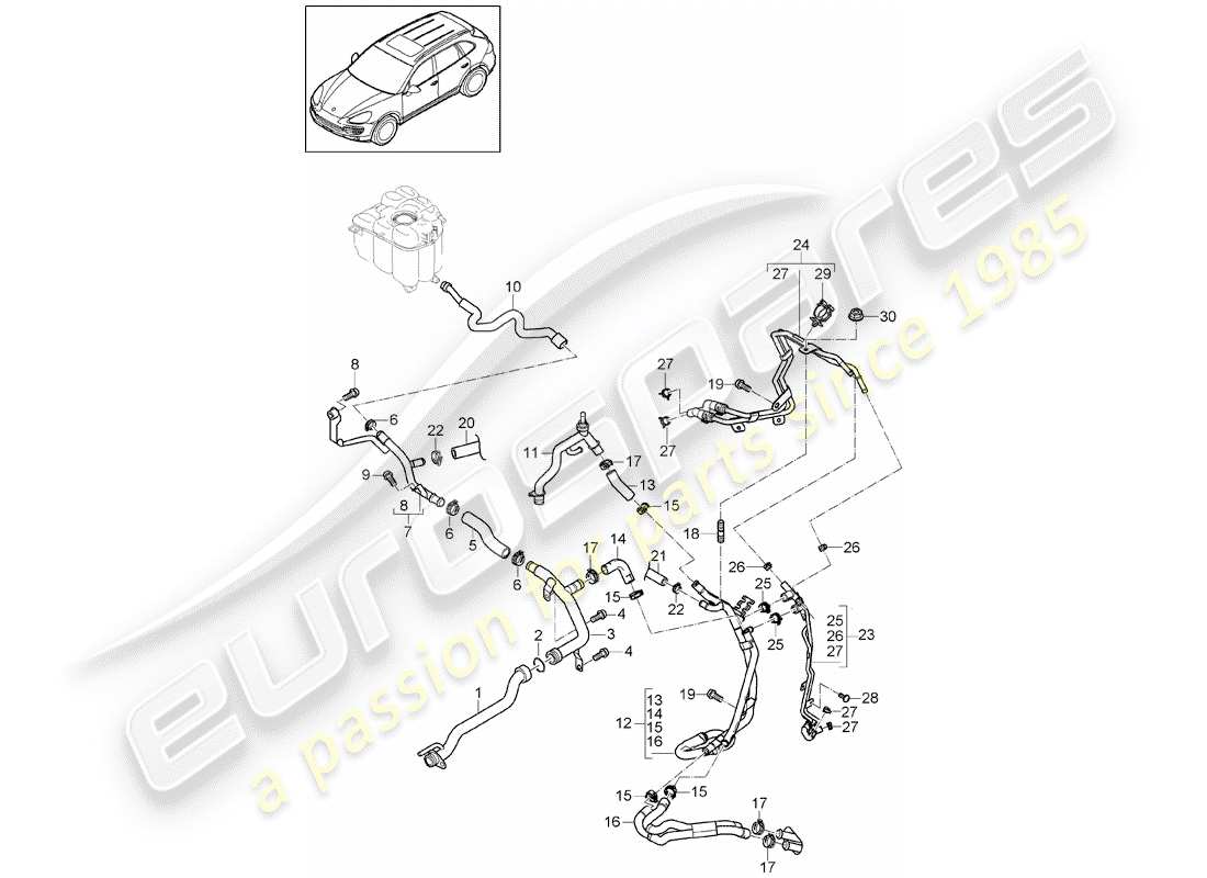 porsche 2011 (cayenne e2 92a) raffreddamento ad acqua diagramma delle parti