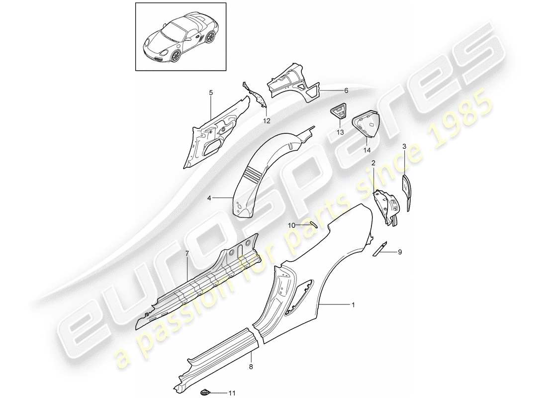 porsche 2011 (987 boxster) pannello laterale diagramma delle parti