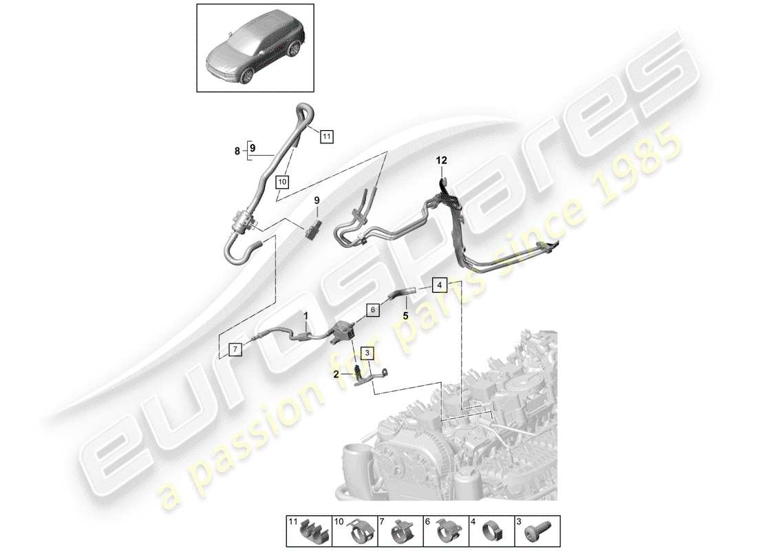 porsche 2020 (cayenne e3 9ya/9yb) diagramma delle parti della linea di sfiato