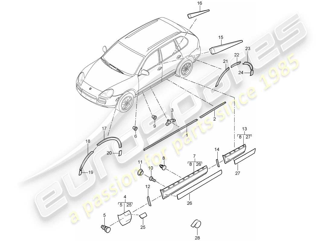 porsche 2008 (cayenne e1 9pa) raccordi decorativi diagramma delle parti