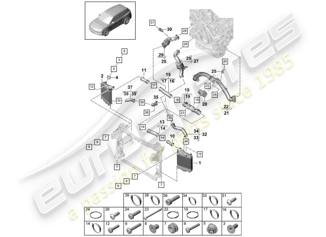 porsche 2020 (cayenne e3 9ya/9yb) raffreddatore dell'aria di carica diagramma delle parti