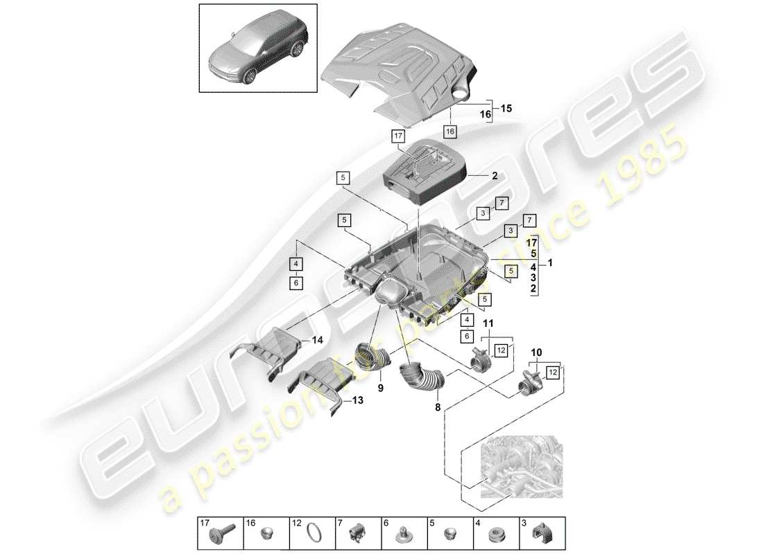 porsche 2018 (cayenne e3 9ya/9yb) filtro dell'aria con collegamento diagramma delle parti