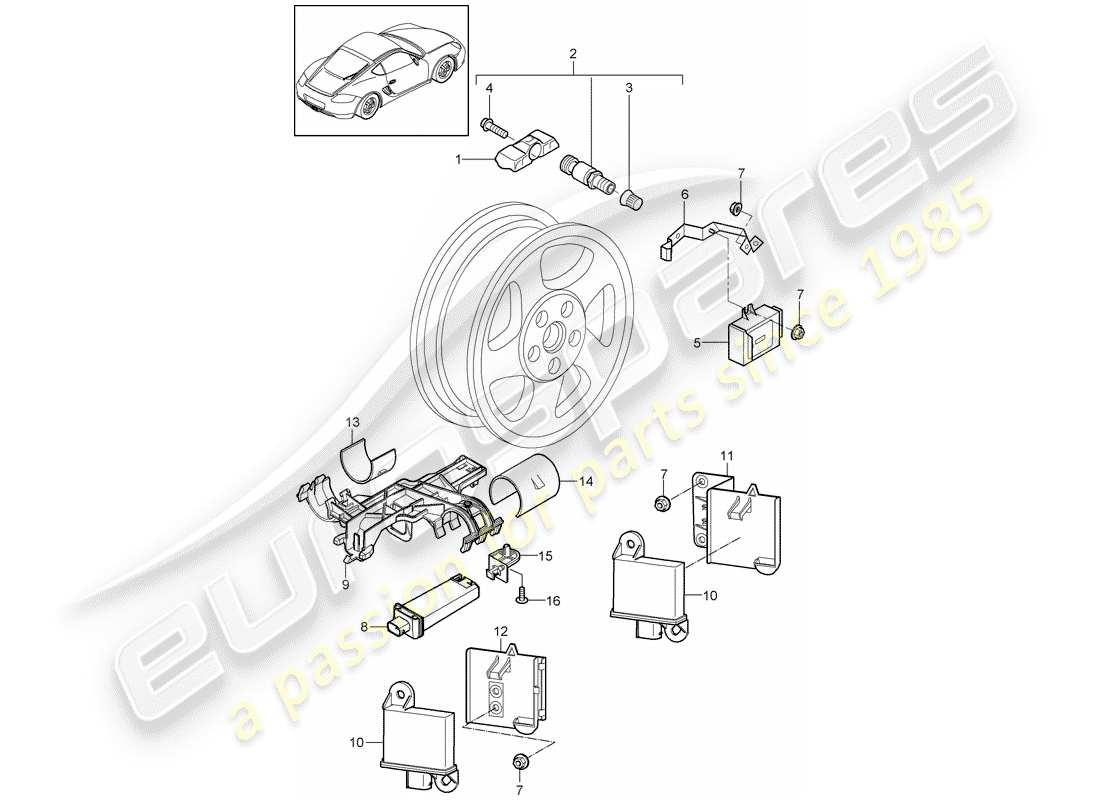 porsche 2009 (987 cayman) sistema di controllo della pressione dei pneumatici diagramma delle parti