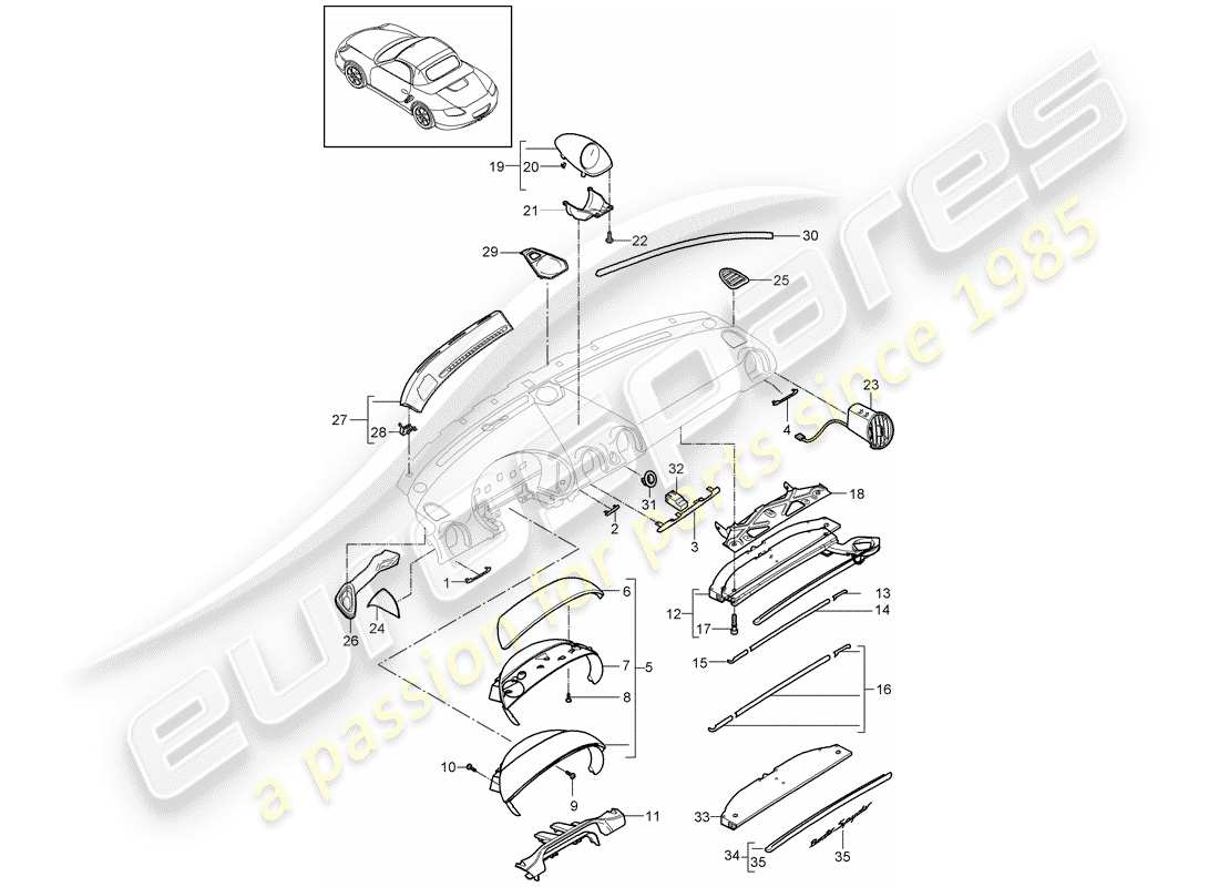 porsche 2009 (987 boxster) rivestimento del pannello del cruscotto diagramma delle parti