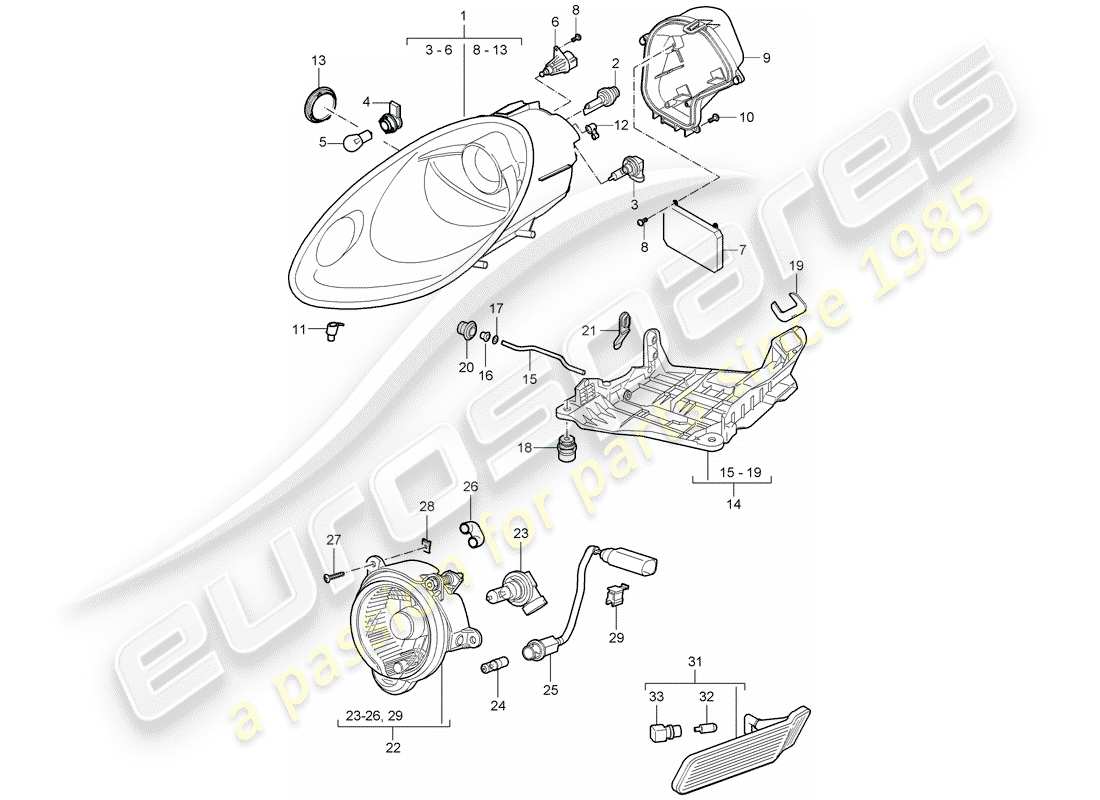 porsche 2007 (987 cayman) diagramma delle parti del faro