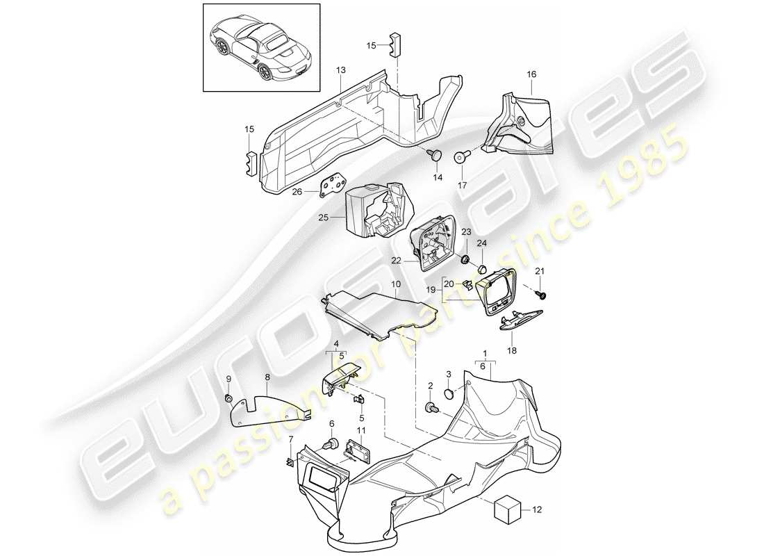 porsche 2011 (987 boxster) compartimento bagagli diagramma delle parti