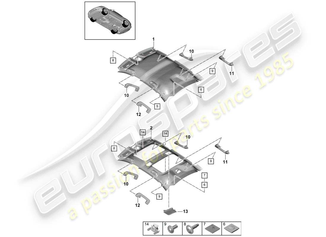 porsche 2017 (panamera 971-1) pannello di rivestimento del tetto schema delle parti