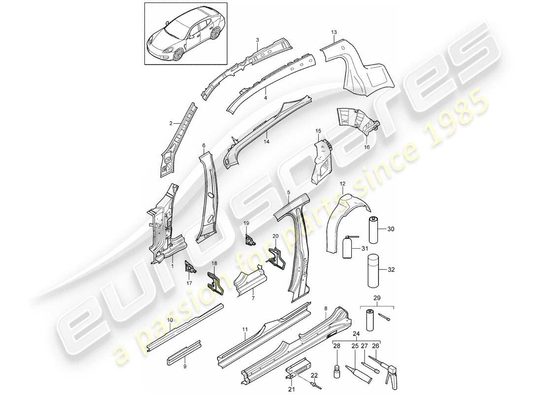 porsche 2011 (panamera 970) pannello laterale schema delle parti
