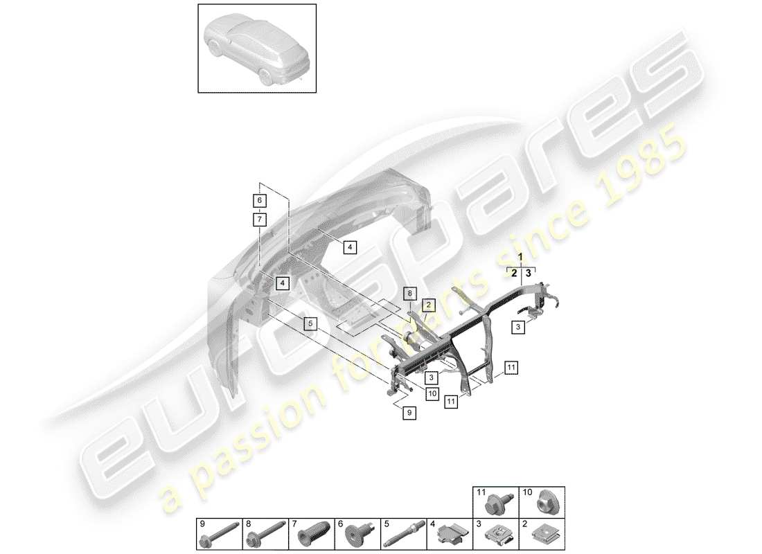 porsche 2020 (cayenne e3 9ya/9yb) telaio di contenimento diagramma delle parti