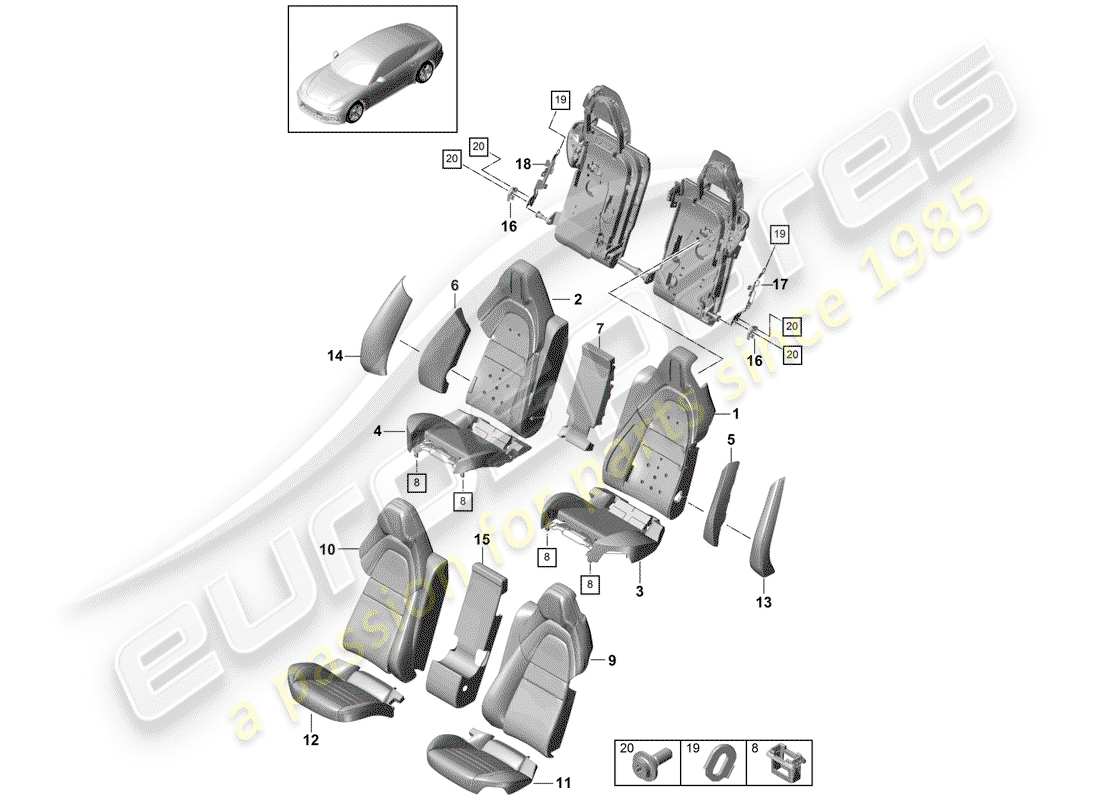porsche 2017 (panamera 971-1) diagramma delle parti del sedile