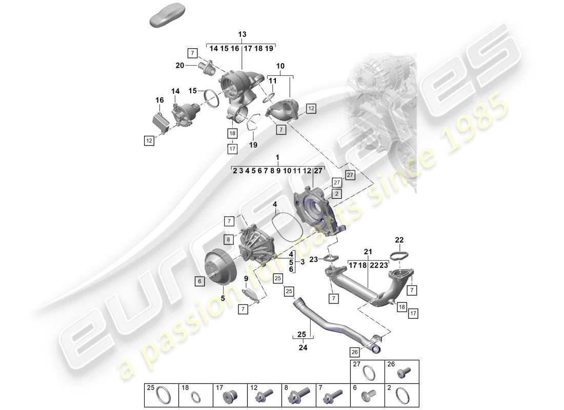porsche 2019 (718 boxster spyder) schema delle parti della pompa dell'acqua