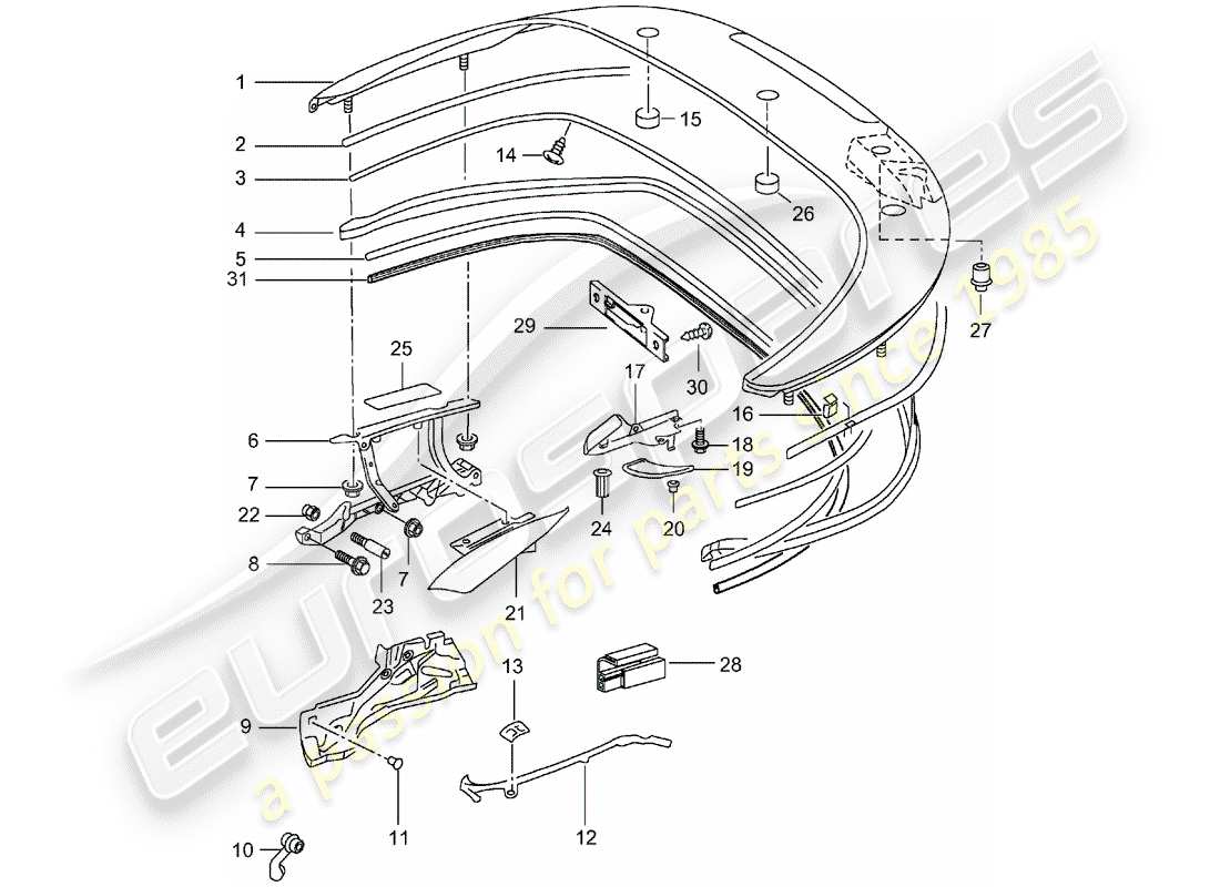 porsche 2003 (996 turbo / gt2) cassetto portaoggetti superiore - coperchio - guarnizioni schema delle parti