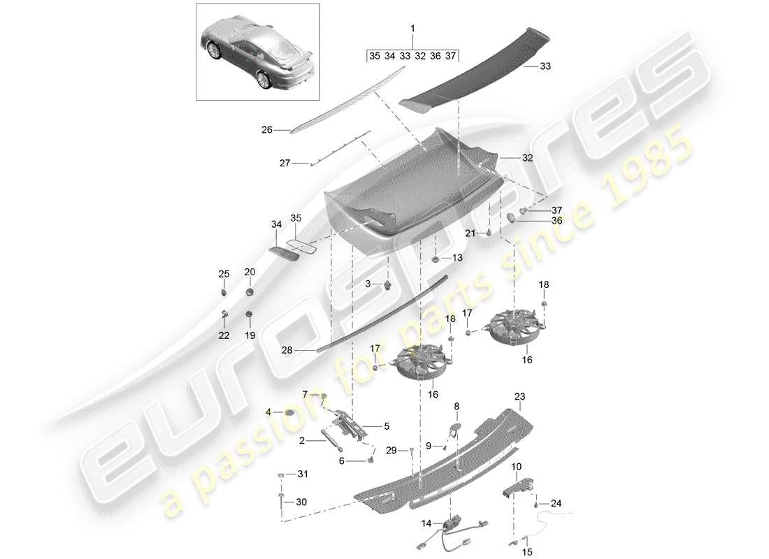 porsche 991r/gt3/rs (2014) spoiler posteriore diagramma delle parti