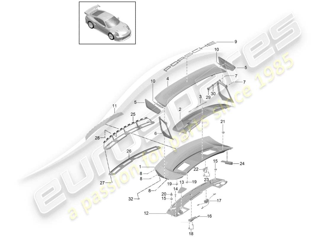 porsche 2020 (991-2 turbo) coperchio baule posteriore diagramma delle parti