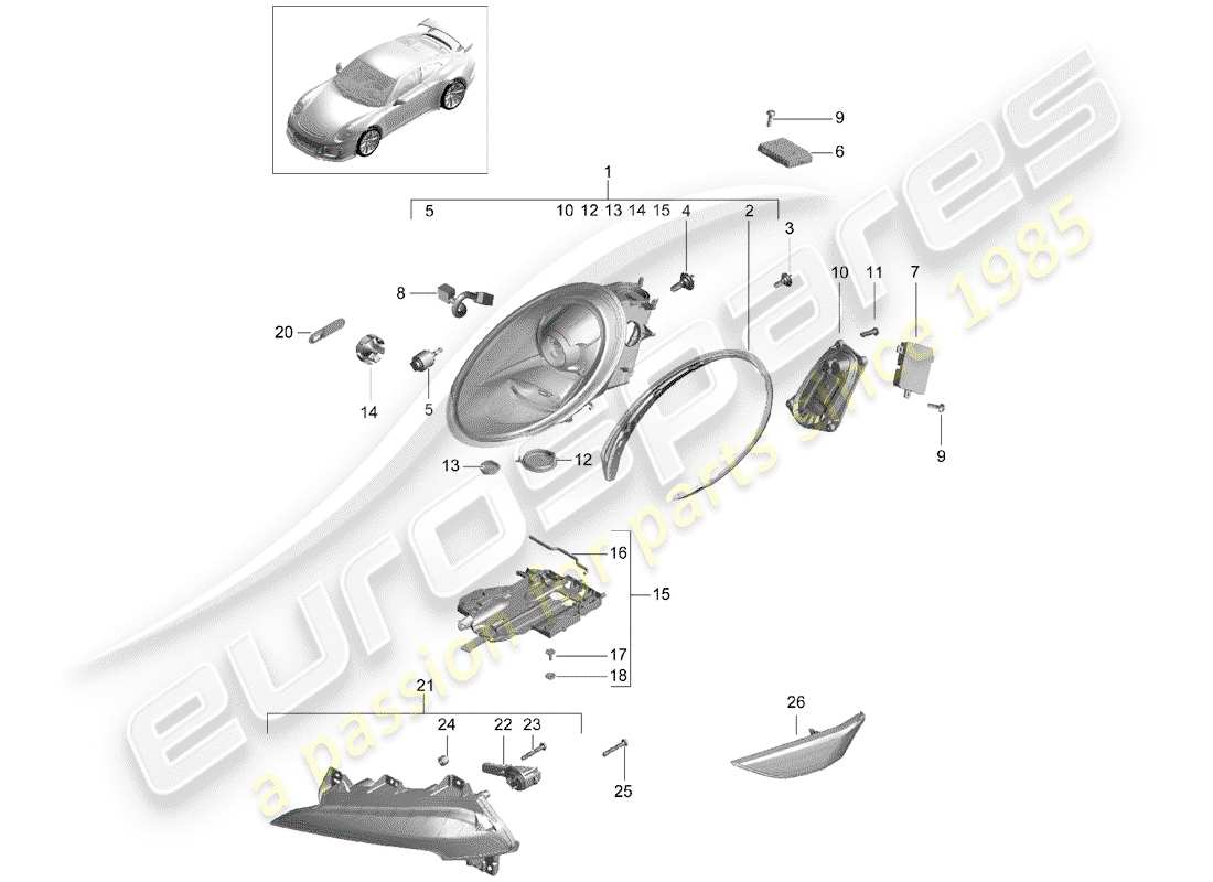 porsche 2016 (991-1 r/gt3/rs) diagramma delle parti del faro