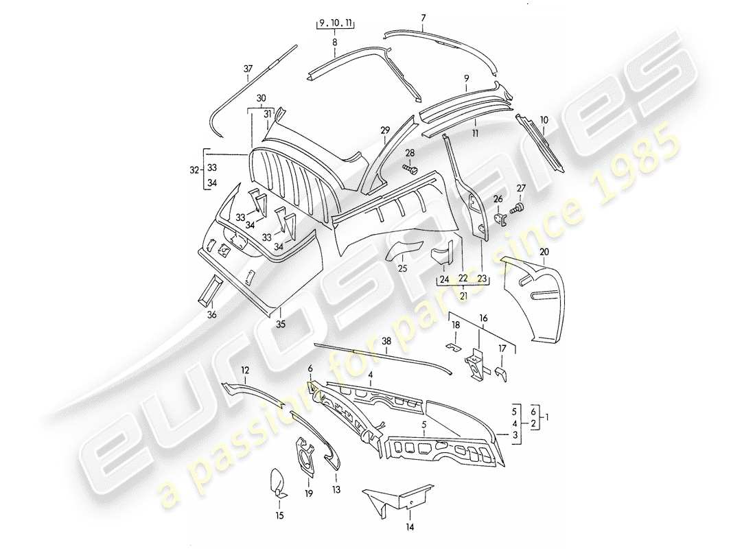 porsche 1954 (356/356a) scocca - pannellatura interna diagramma delle parti