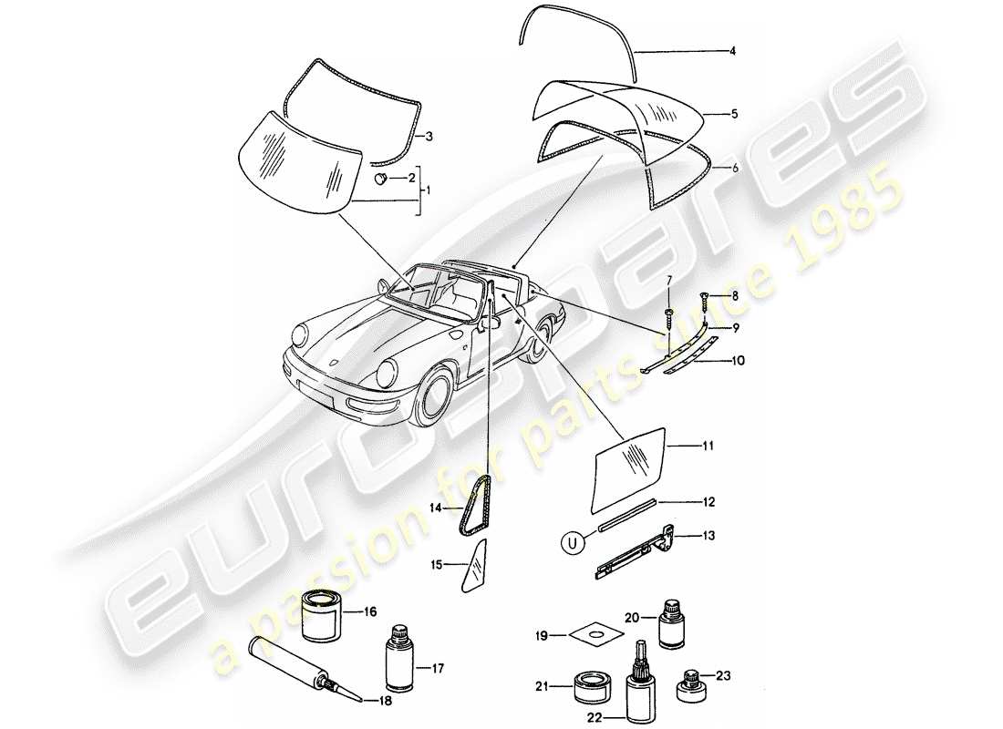 porsche 1991 (964) vetri della finestra diagramma delle parti