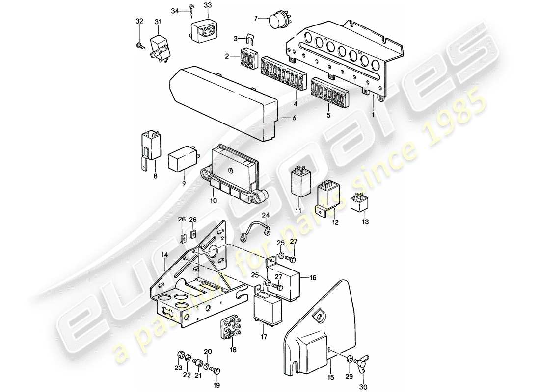 porsche 1985 (911) modulo di controllo elettronico - rele' - scatola fusibili schema parte