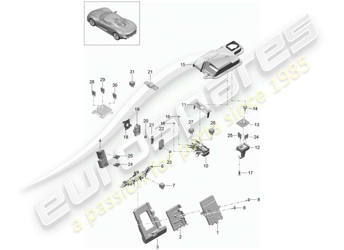 porsche 2015 (918 spyder) scatola fusibili/piastra rele' schema delle parti