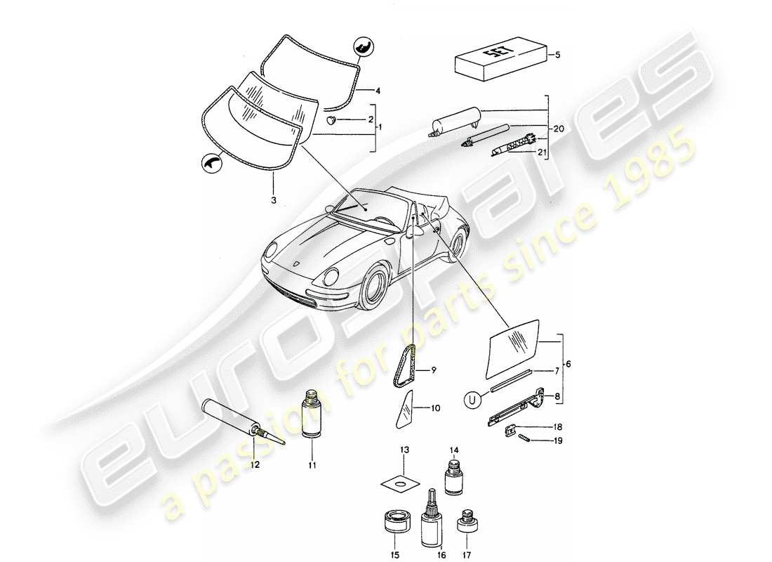 porsche 1996 (993) vetri della finestra diagramma delle parti