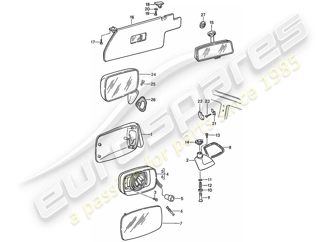 porsche 1986 (944) specchio retrovisore - visiera parasole - specchio retrovisore schema delle parti
