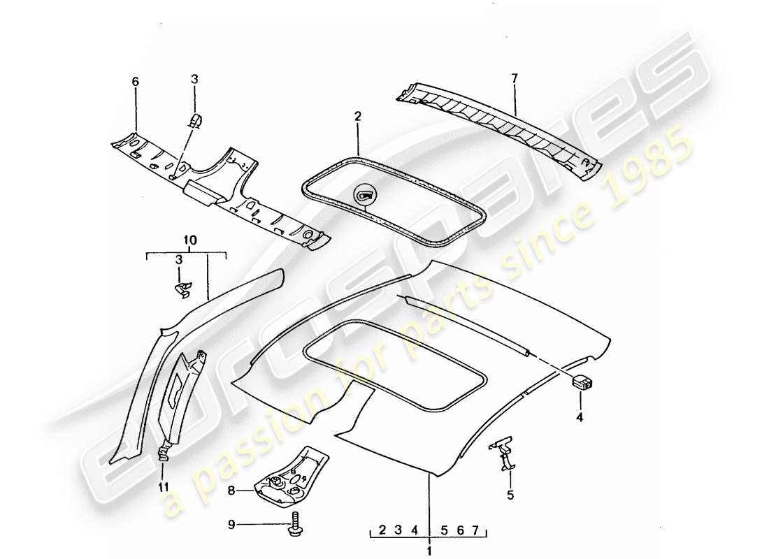 porsche 2005 (996) pannello di rivestimento del tetto - pilastro a diagramma delle parti