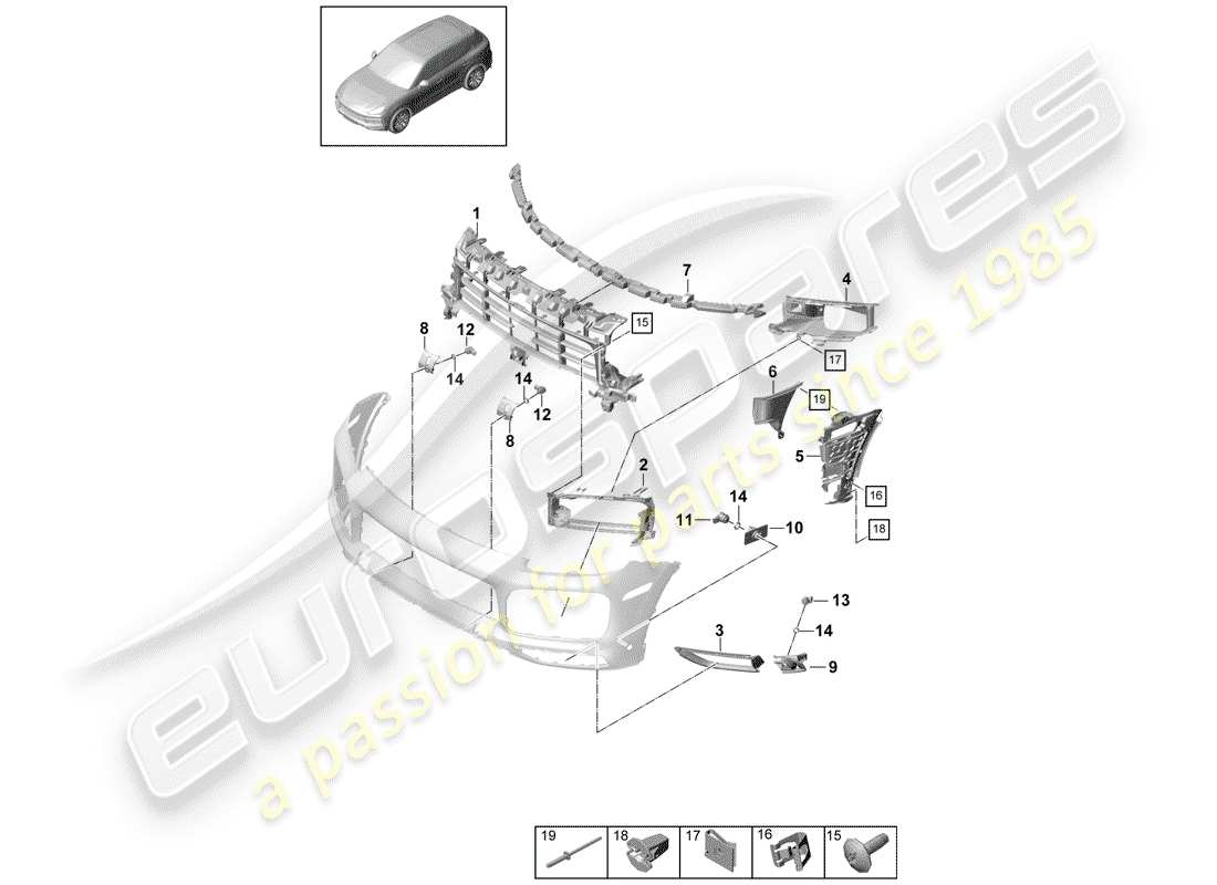 porsche 2020 (cayenne e3 9ya/9yb) diagramma delle parti del paraurti