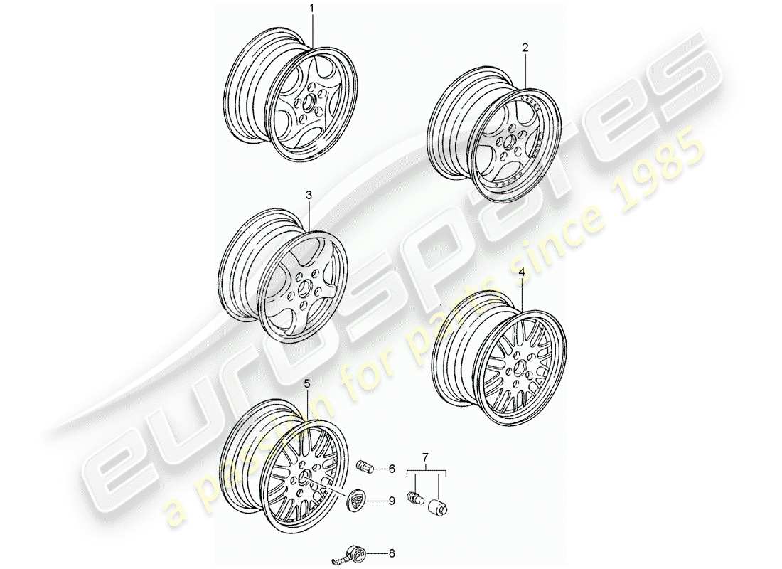 porsche 1990 (tequipment) cerchio in lega diagramma delle parti